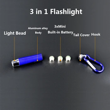 3in1Mini LED Baterka Prenosný Výkonný Horák, Nepremokavé Penlight Strane Lampa UV svetlo Pet Moču Detektor Vrecku Svetlo S Hákom