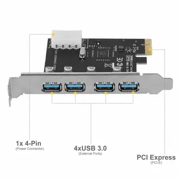 4Port PCI-E na USB 3.0 HUB, PCI Express Rozširujúca Karta Adaptéra 5 gb / S Rýchlosť Hore