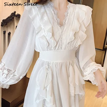 Jeseň tvaru Rozstrapatené Šifón Dlhý Rukáv vestido de mujer kvalitný hodváb maxi šaty pre ženy elegantný retro dámy 2021