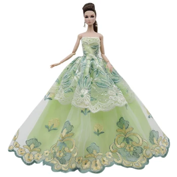 Móda Svetlo Zelený Kvetinový Svadobné Šaty Pre Bábiku Barbie Oblečenie, Oblečenie Mimo Ramenný Čipky Princess Party Šaty 1/6 BJD Príslušenstvo