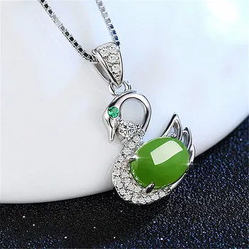 Móda swan green jade kamene smaragd, diamant prívesok náhrdelníky pre ženy biele zlato strieborná farba choker šperky bijoux darček
