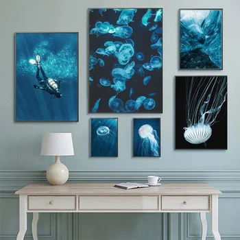 Seascape Podmorský Svet, Potápanie Plagát Dolphin Medúzy Korytnačka Wall Art Nordic Plagáty a Vytlačí Plátno na Maľovanie na Stenu Obrázok