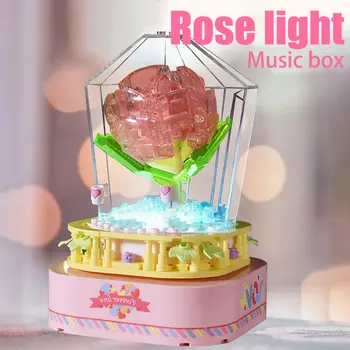 SEMBO Rose Rotujúce Music Box 520 Valentína Dievča, Darček Zostavené Stavebné Bloky Domov Zariadené Tehly Montáž HOBBY Hračky