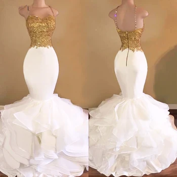 Sexy Biele Večerné Šaty Dlhé 2019 Morská Víla Špagety Popruh Zlaté Výšivky Arabské Ženy Formálne Večerné Šaty Prom Šaty