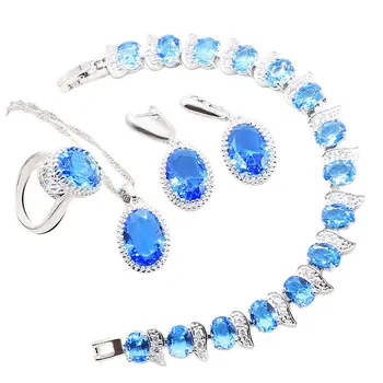 Sky Blue Silver 925 Šperky Set Náušnice, Prsteň Náramok, Náhrdelník Nastaviť Svadobné Šperky Factory Doprava Zadarmo