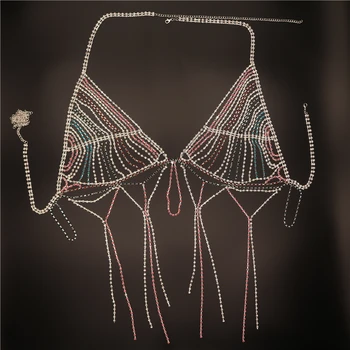 Veľkoobchod Zlatých Sexy Telo Reťaze pre Ženy Postroj Podprsenka Strapec Bling Crystal Drahokamu Bikini Remeň Set-Top Šperky Strany