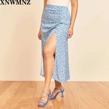 XNWMNZ za ženy 2021 blue Print Ženy riadok Split Sukne Francúzska značka fashion Žien dlhá Sukňa Tlačidlo Slim Sukne