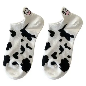 Čierna a biela výšivka ponožky žena iny príliv plytké úst lete cartoon krava roztomilý pruhované ponožky čln